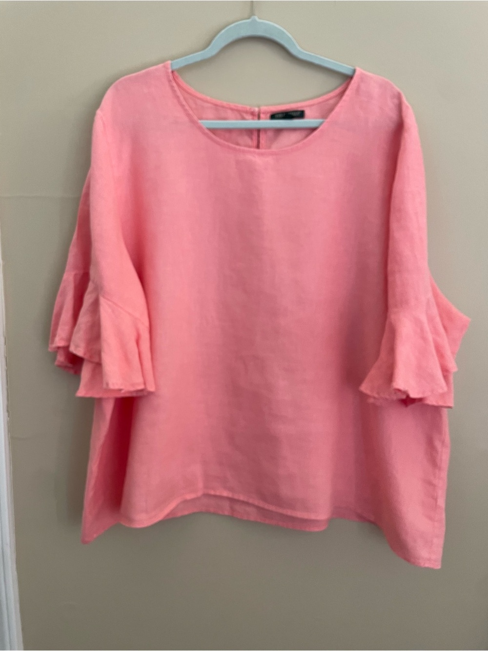 For Cynthia Pink Ruffle Sleeve Linen Blouse